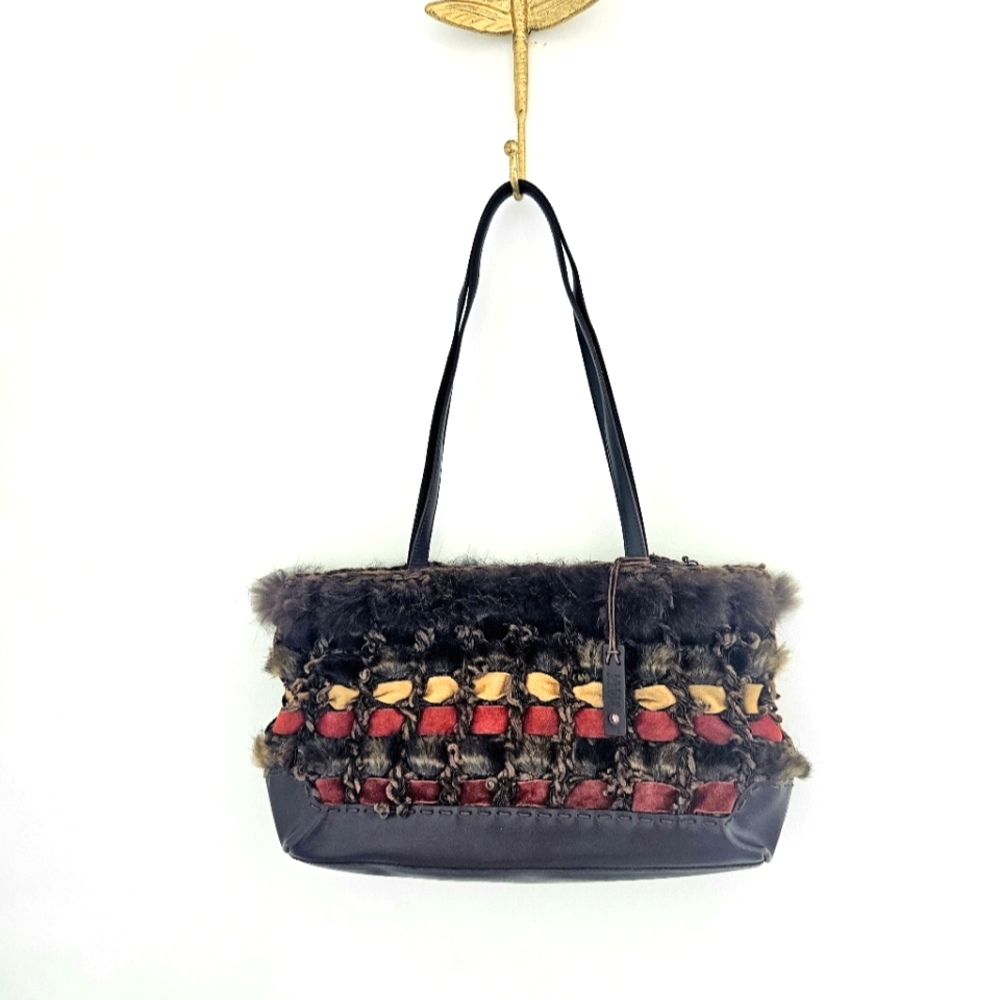 Maliparmi Brown Leather Fur Cream And Red Suede Braided Tote Handbag
